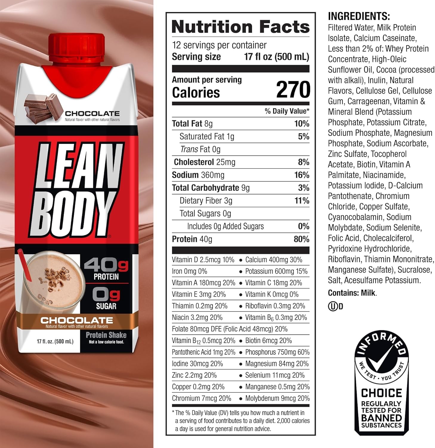 Lean Body Ready-to-Drink Chocolate Protein Shake, 40g 17 Fl Oz (Pack of 12)