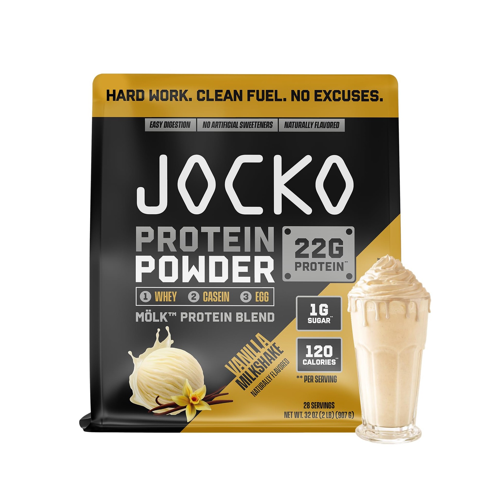 Jocko Fuel Whey Protein Powder, Vanilla Milkshake, 22g Protein, Digestive Enz…