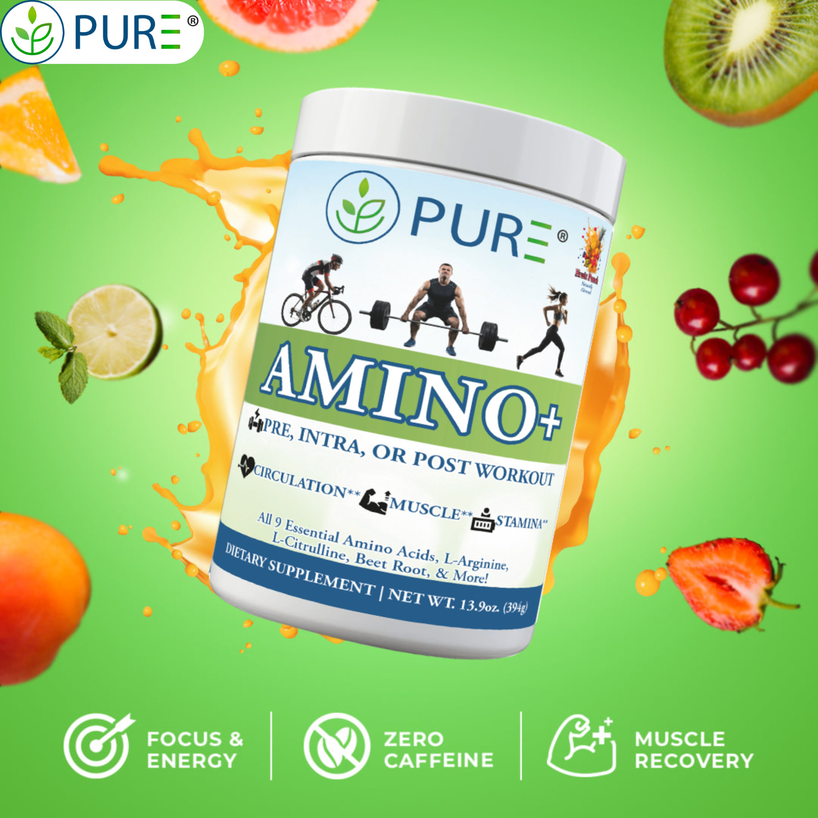 PURE Sport Amino+ All 9 essential Amino Acids (501g, 30 servings) Fruit Splash!