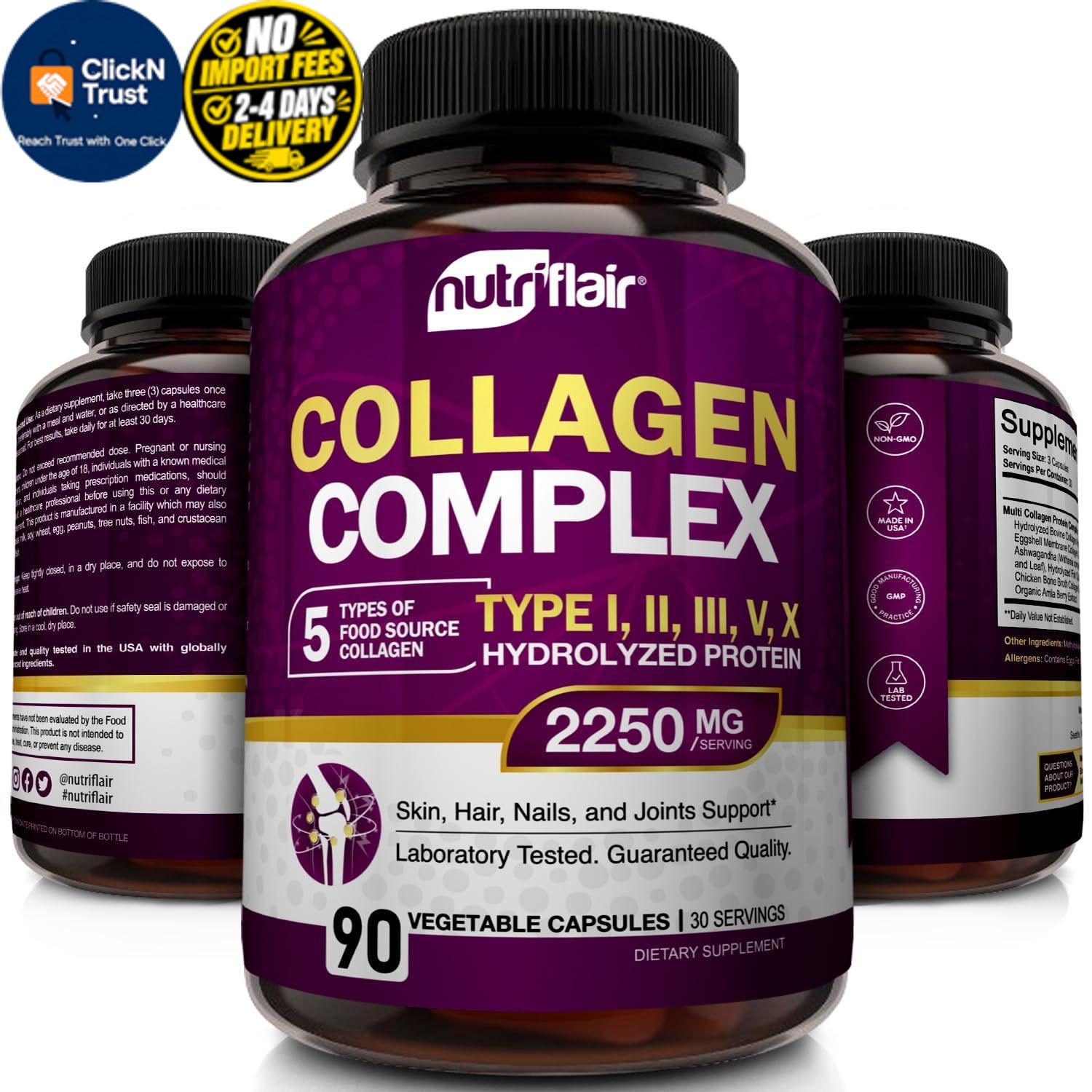 NutriFlair Multi Collagen Peptides 2250mg, 90 Capsules – 90 Count (Pack of 1)