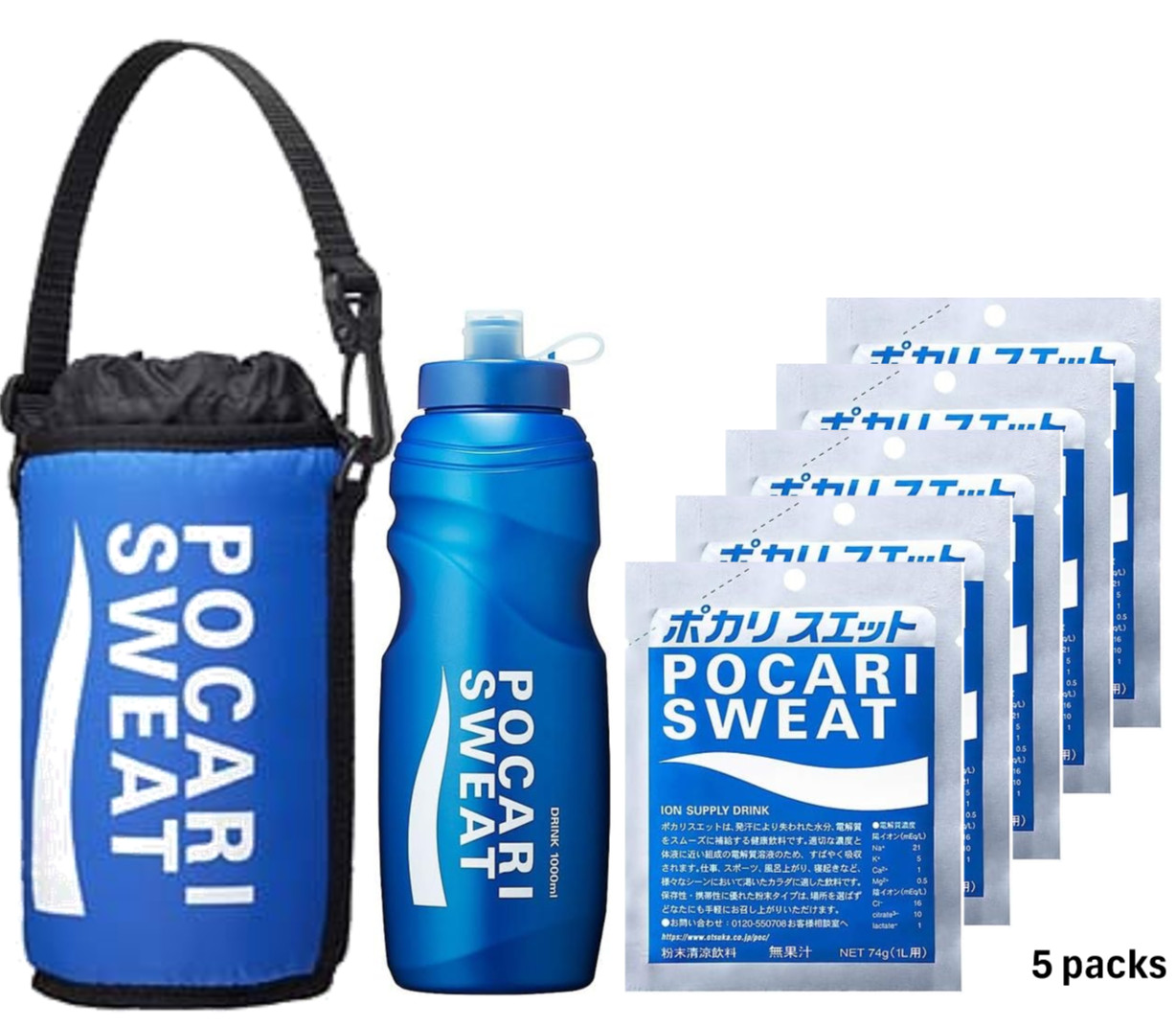 Pocari Sweat Sports Bottle 1000ml + Bag + Powder 74g x 5 Pack Hydration Set