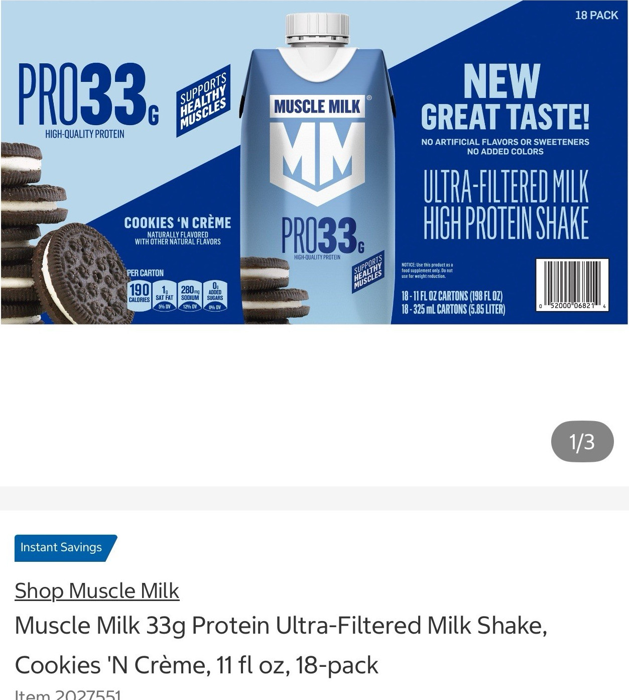 Muscle Milk High Protein Shake Cookies ‘N Crème 33g 11 fl oz 18-Pack
