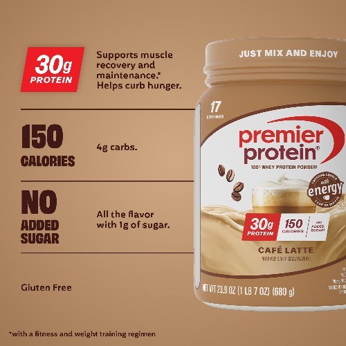 Premier Protein 100% Whey Protein Powder, Café Latte, 30g Protein, 23.9 oz,1.5lb