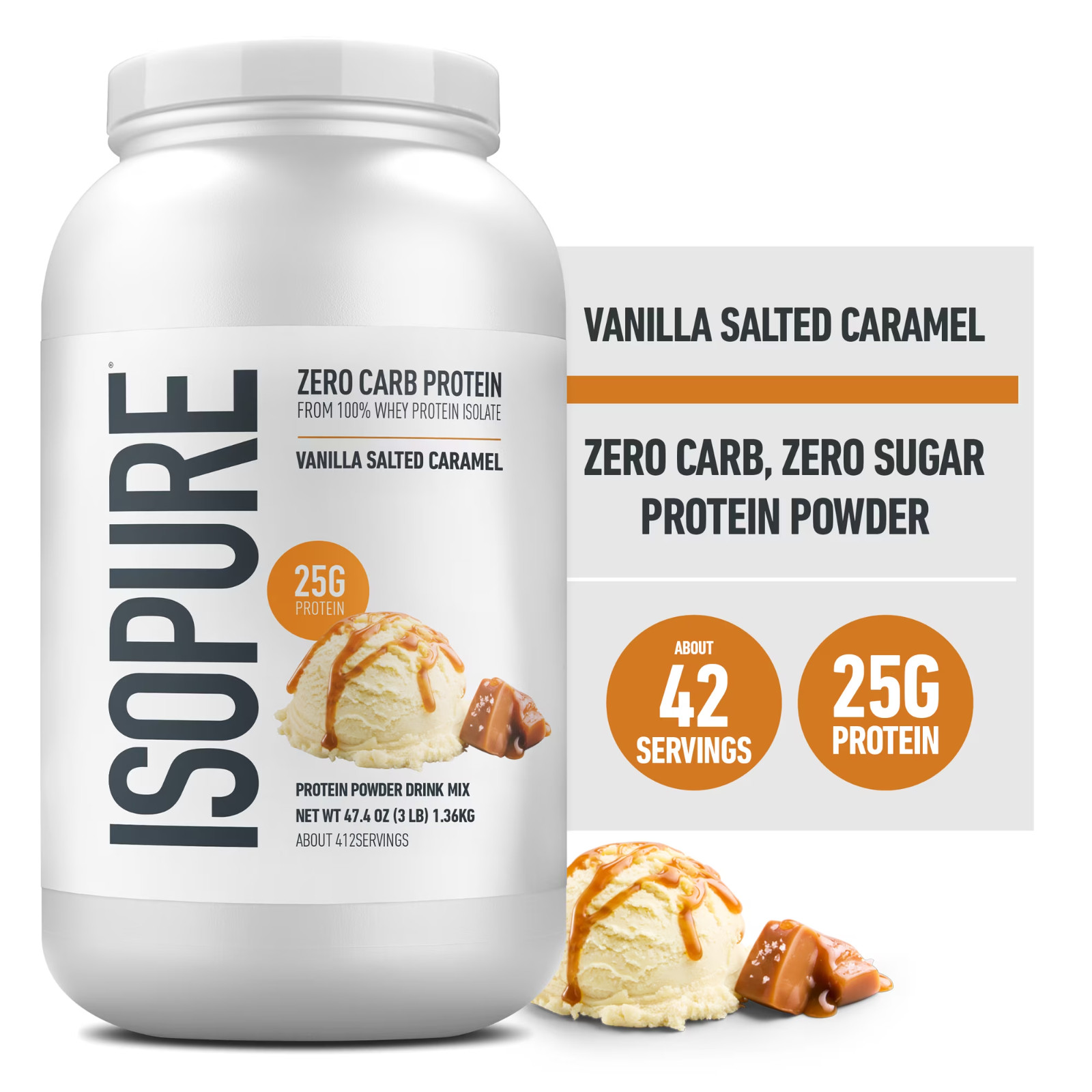 Isopure Zero Carb Whey Protein Isolate Vanilla Salted Caramel 3 lb 25g Protein