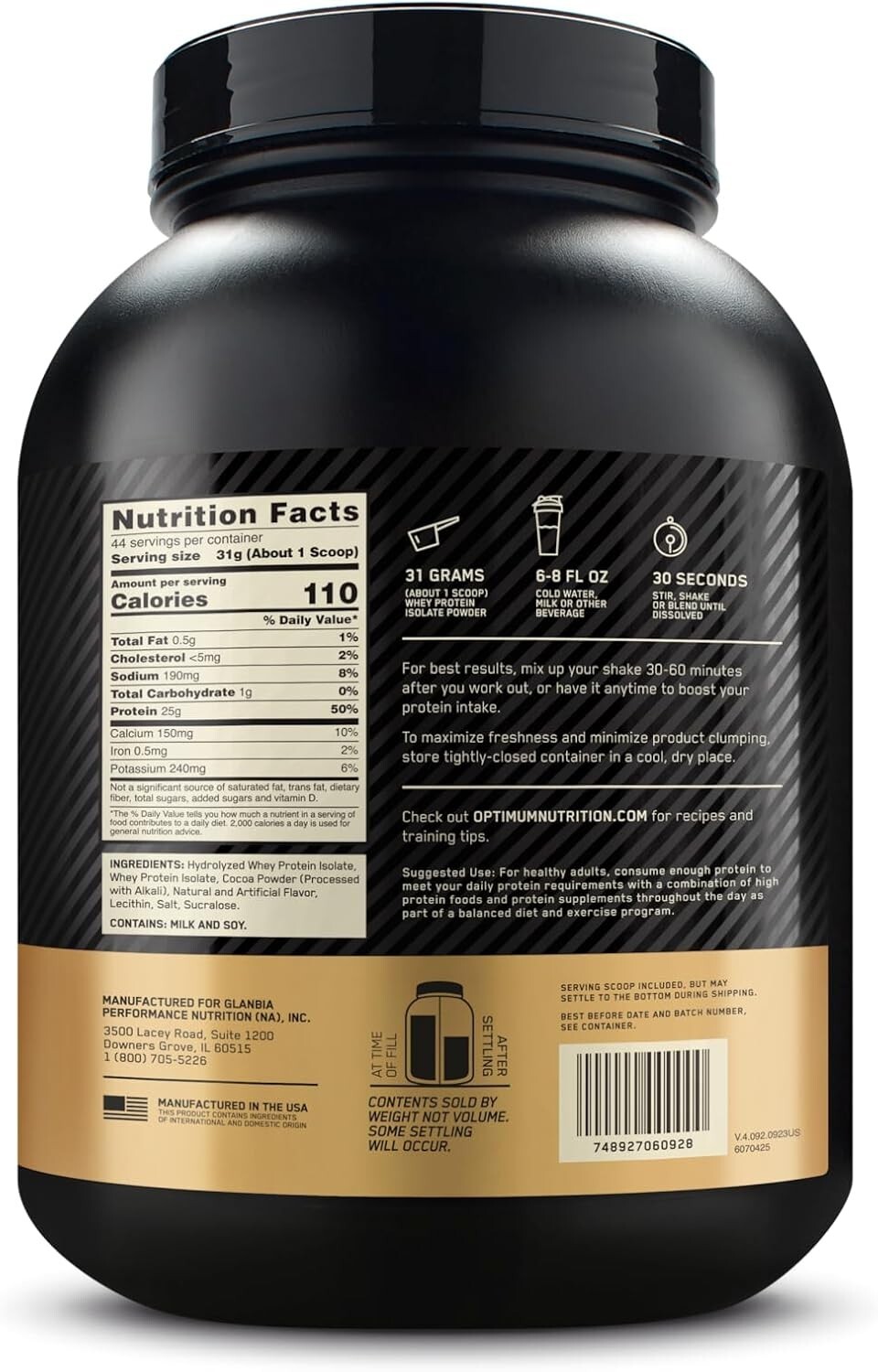 Gold Standard 100% Whey Protein Isolate – Chocolate Bliss, 3 lbs, 44 Servings