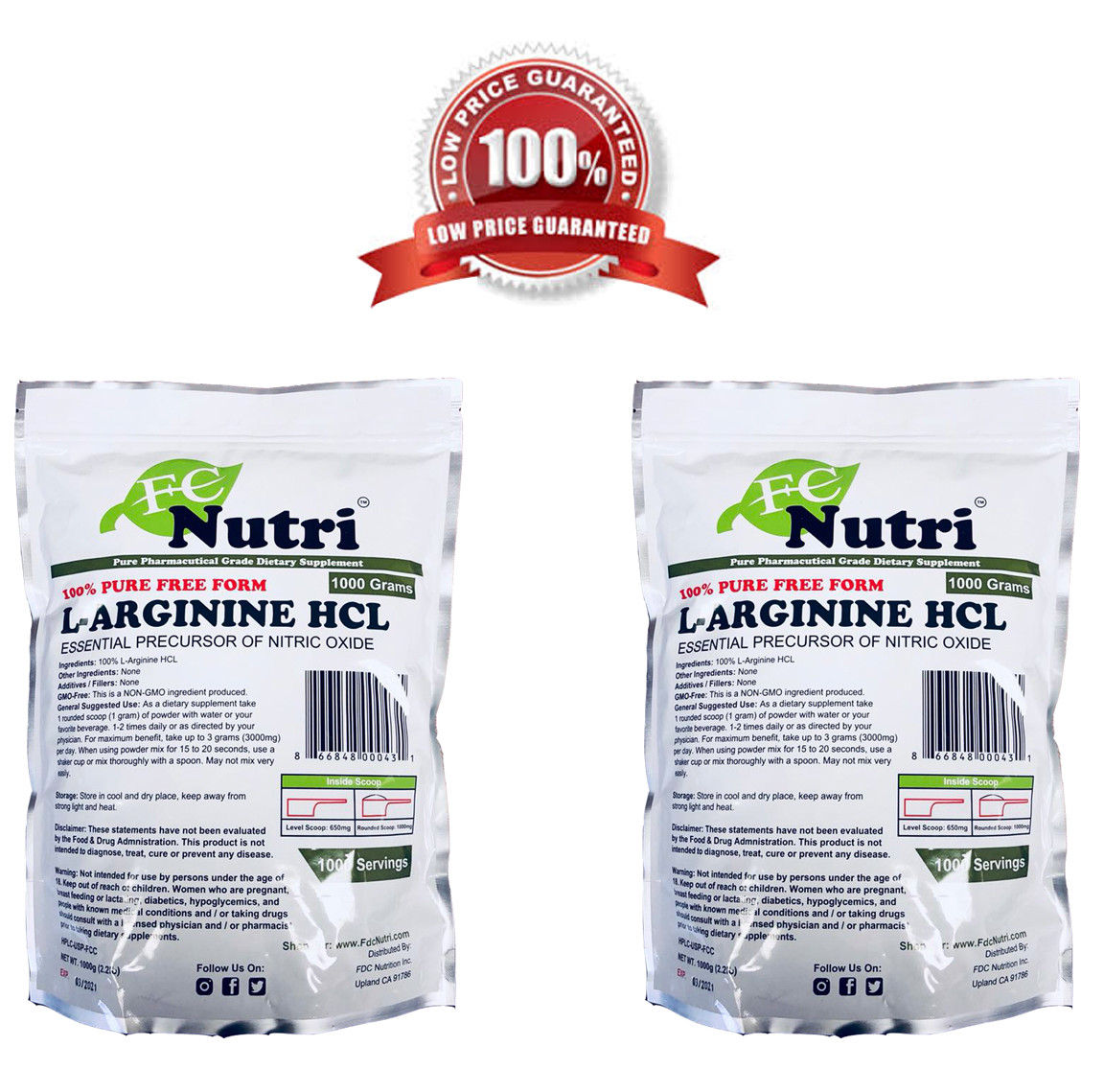 L-Arginine HCL Powder 100%pure x 2 Bags 2.2lb Total (2000 grams) by FDC