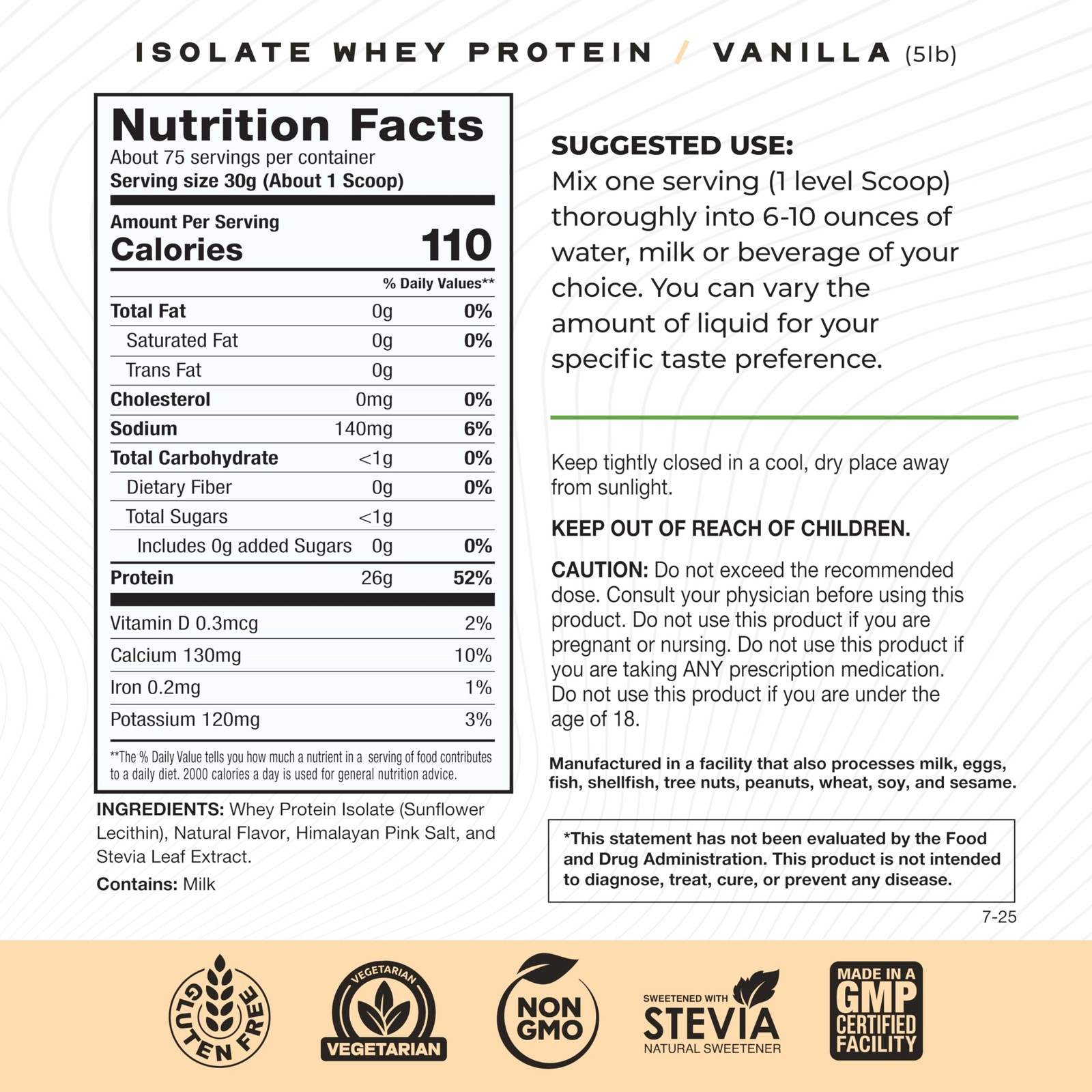 Whey Protein Isolate Powder 5lb Grass Fed All Natural Vanilla Muscle Feast