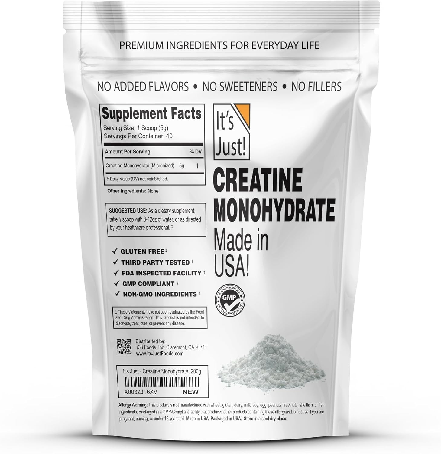 Creatine Monohydrate Powder 5g Servings 200g Unflavored, Lab Tested, No Fillers