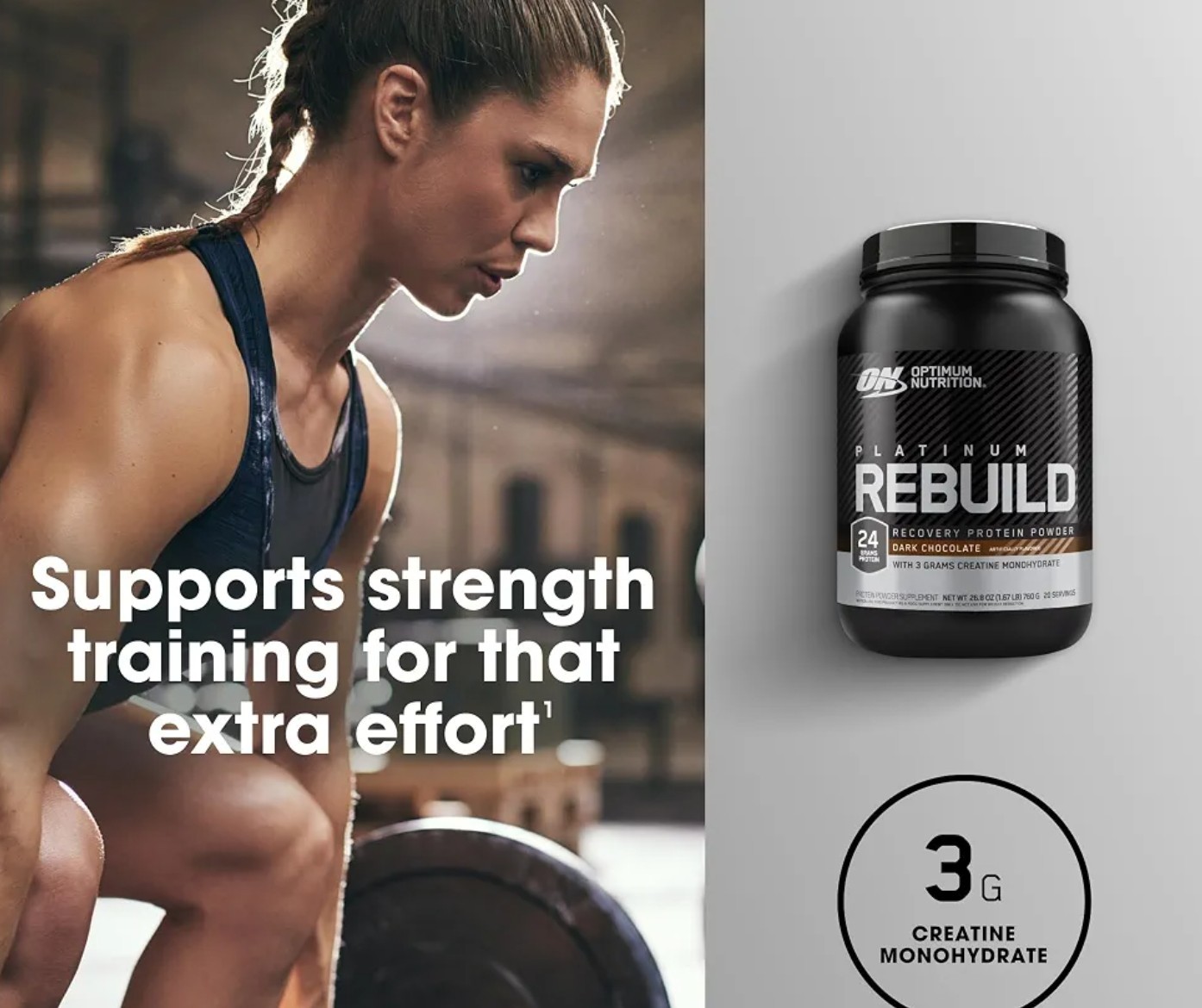 O.N. Platinum REBUILD PROTEIN W/ Crea 1.7 lbs (20 Serv) Dark Chocolate BY 12/26