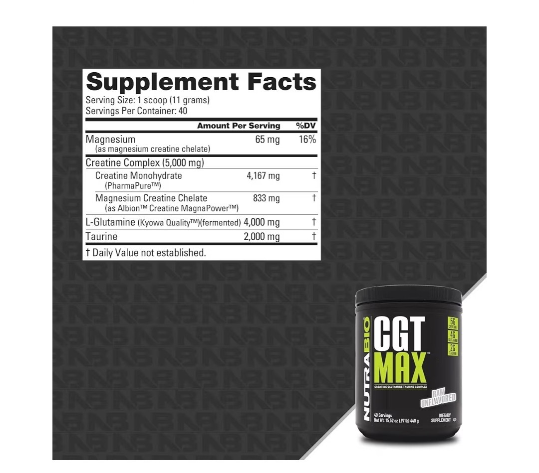 New NutraBio CGT-MAX Powder- Creatine, Glutamine & Taurine Muscle Support