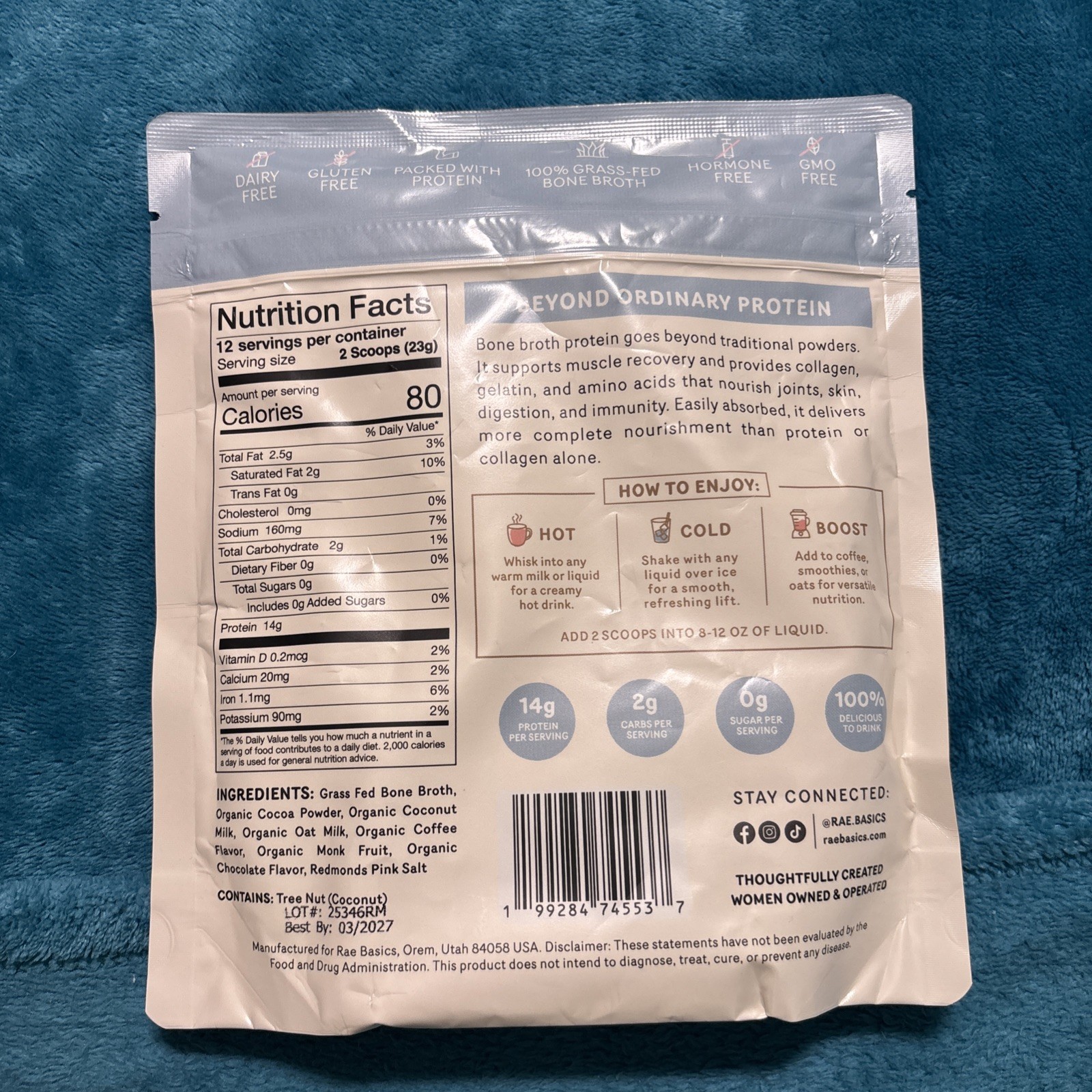 Rae Basics, Bone Broth Protein Mix, Mocha, 14g Protein per, 12 Servings