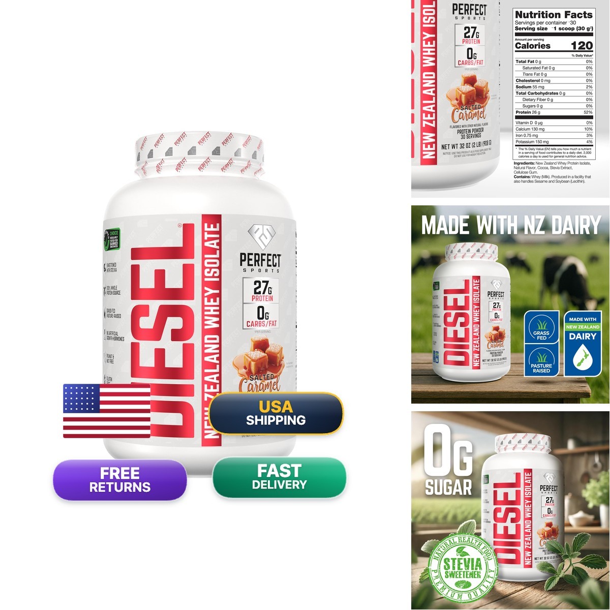 PERFECT SPORTS Diesel 100% Zealand Whey Protein Isolate Stevia Sweetened, No