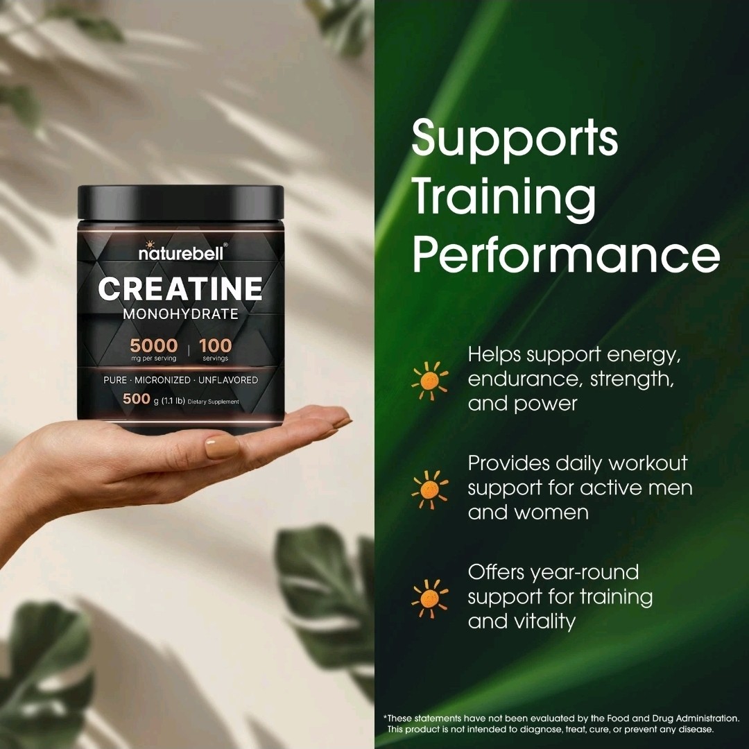 NatureBell Creatine Monohydrate Powder Unflavored 500 Grams 5000mg 100 Servi…