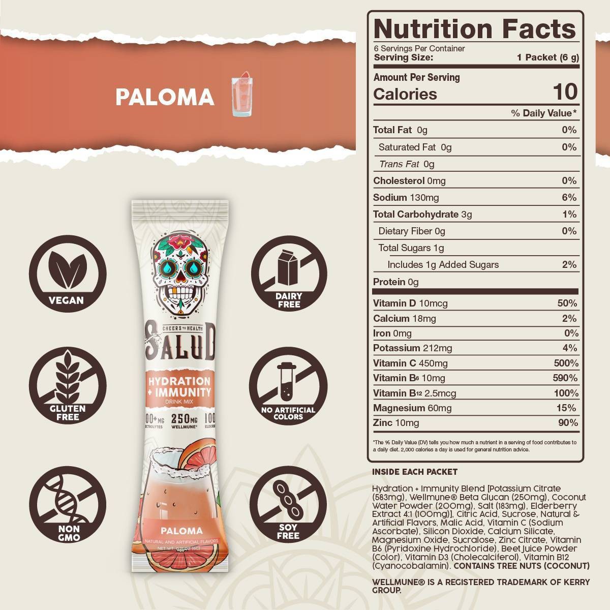 Salud Hydration + Immunity Paloma Electrolyte Drink Mix-6pk/0.21oz Packet Sticks