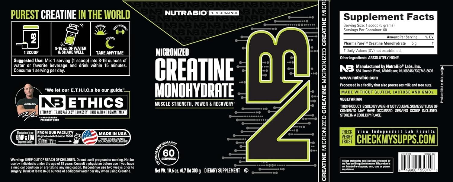 NutraBio Pure Micronized Creatine Monohydrate Powder 60 Servings (Pack of 1)