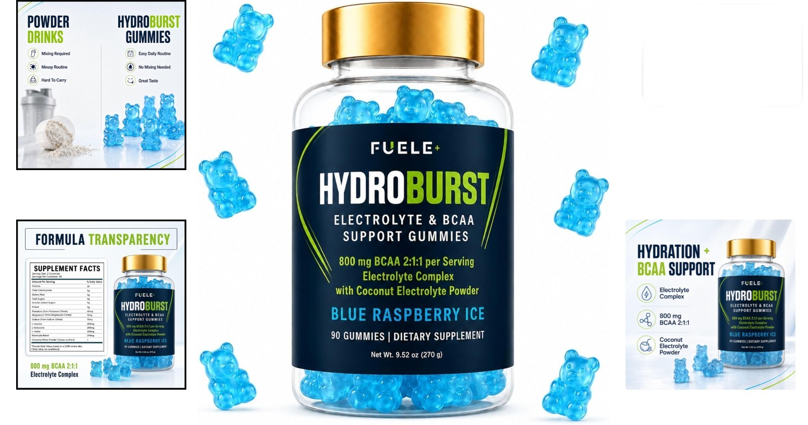 FUELE Electrolyte Gummies BCAA 2 1 1 Sugar Free Blue Raspberry 90 Ct