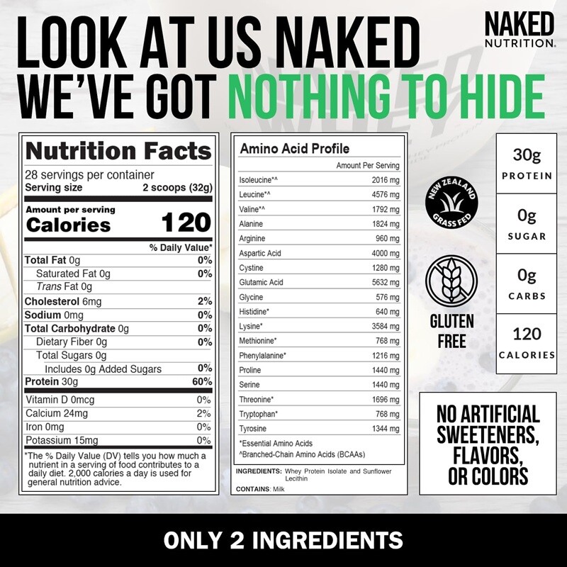 Naked Whey Isolate Protein 30G Grass-Fed Protein Powder Unflavored 28 Servings