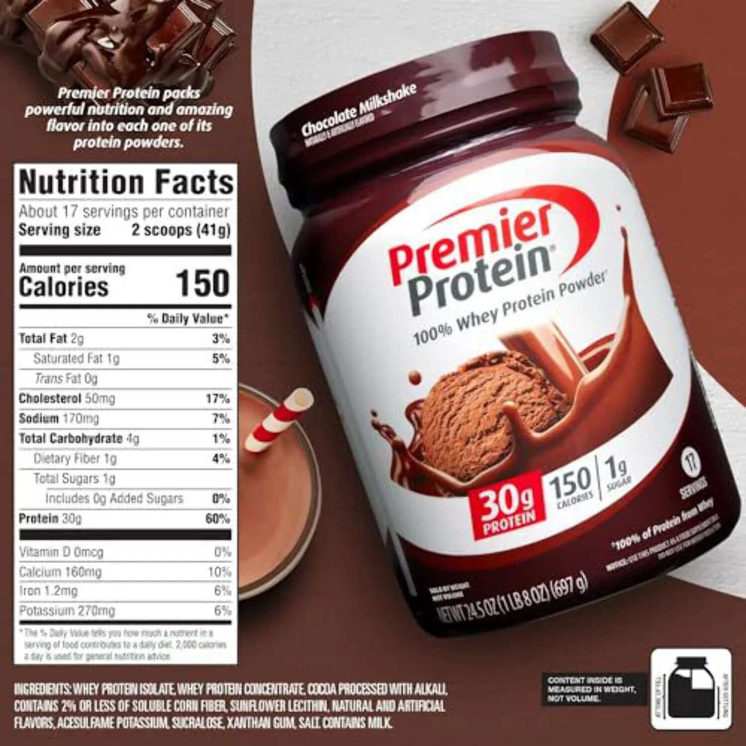 Premier Protein 100% Whey Powder, Chocolate Milkshake 30g Protein 24.5 oz 2 Pack
