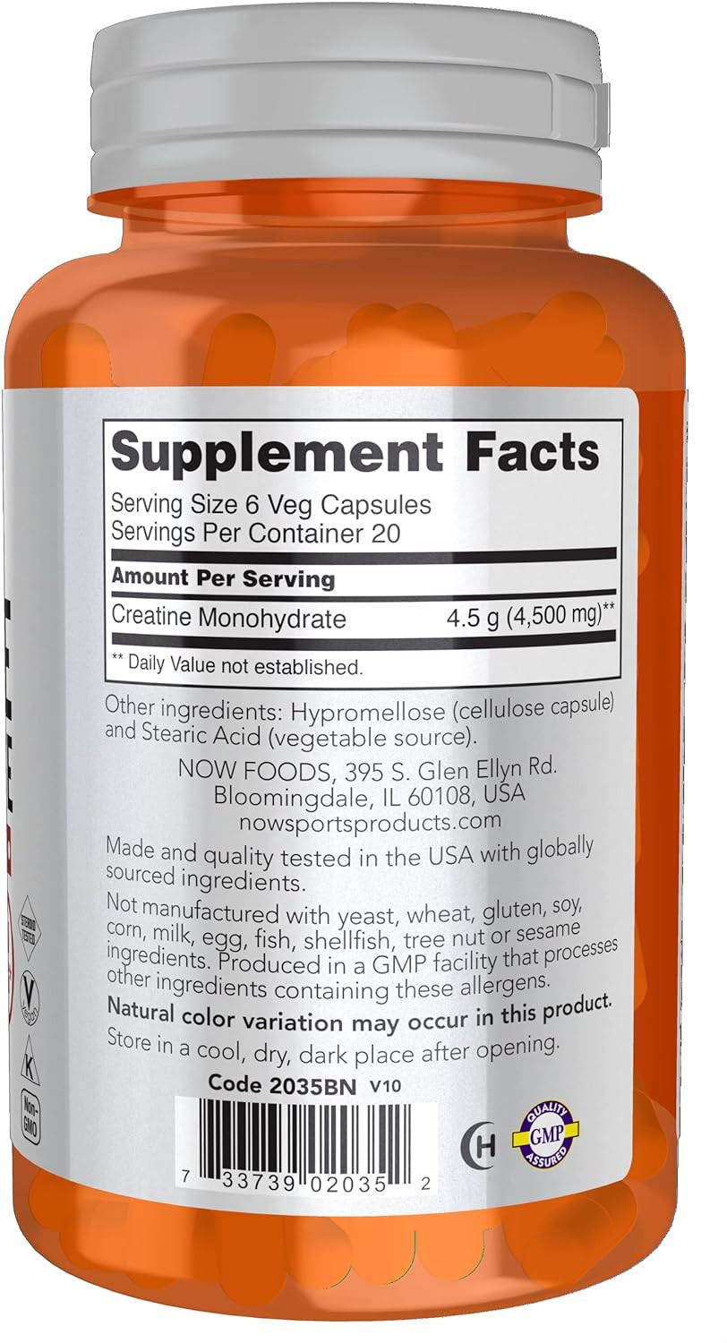 NOW Sports Creatine Monohydrate 750mg, Mass Building, Energy Production Capsules