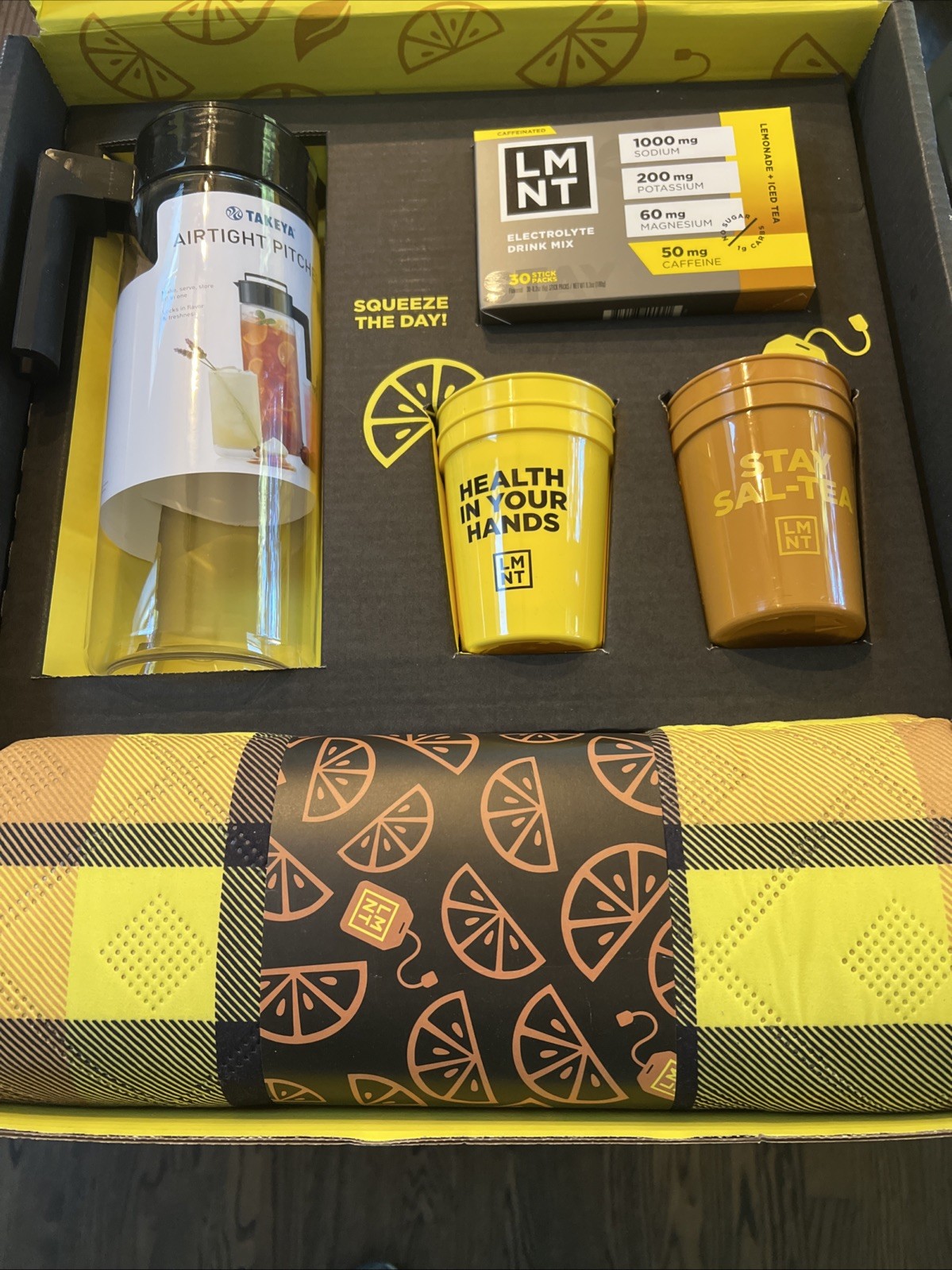 NIB – LMNT Lemonade + Iced Tea Kit: 2 Qt. Pitcher , Picnic Blanket, (4) Cups, &