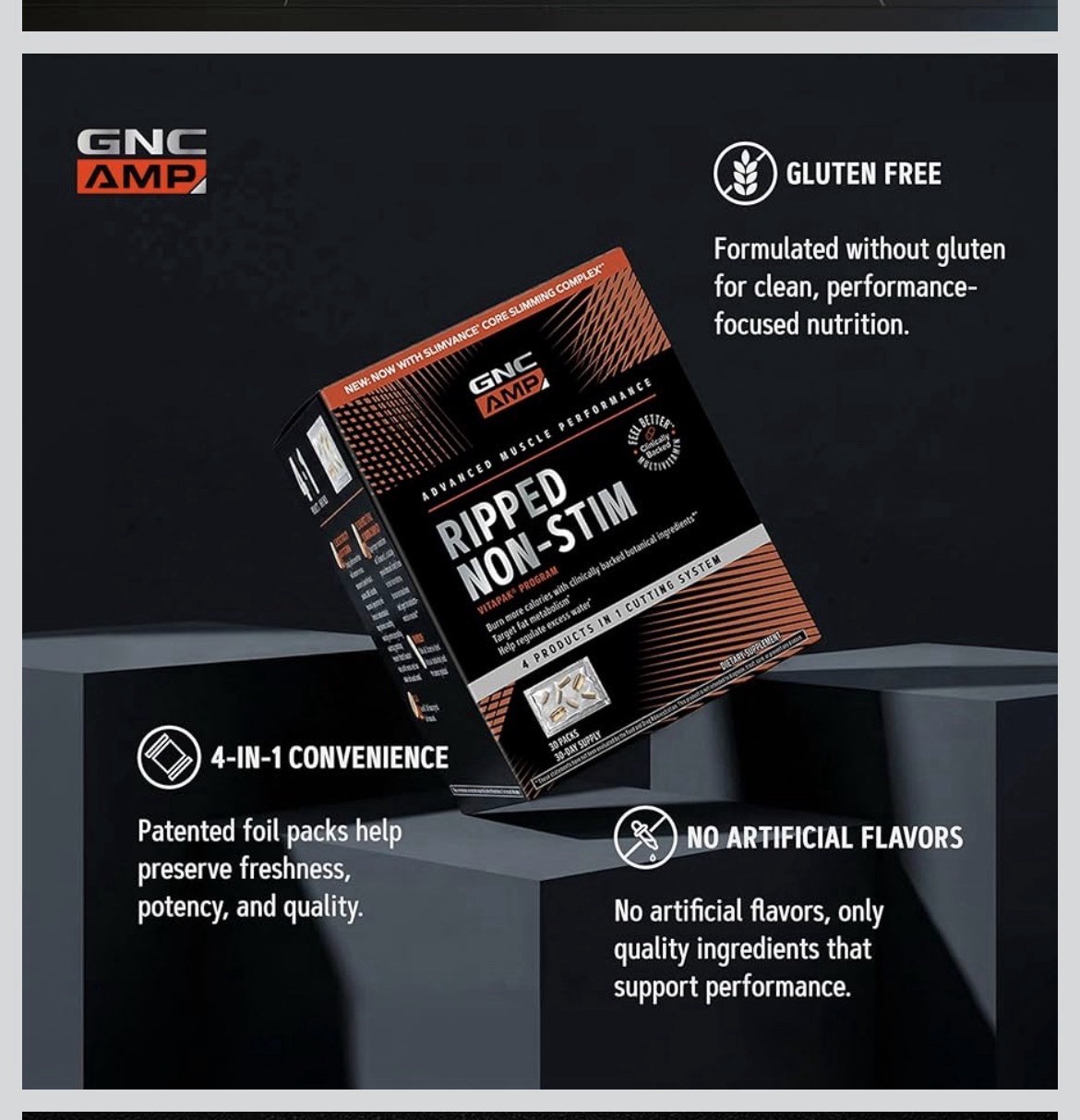 GNC AMP Ripped Non-Stim Vitapak Dietary Supplement 30 Packs, Caffeine-Free