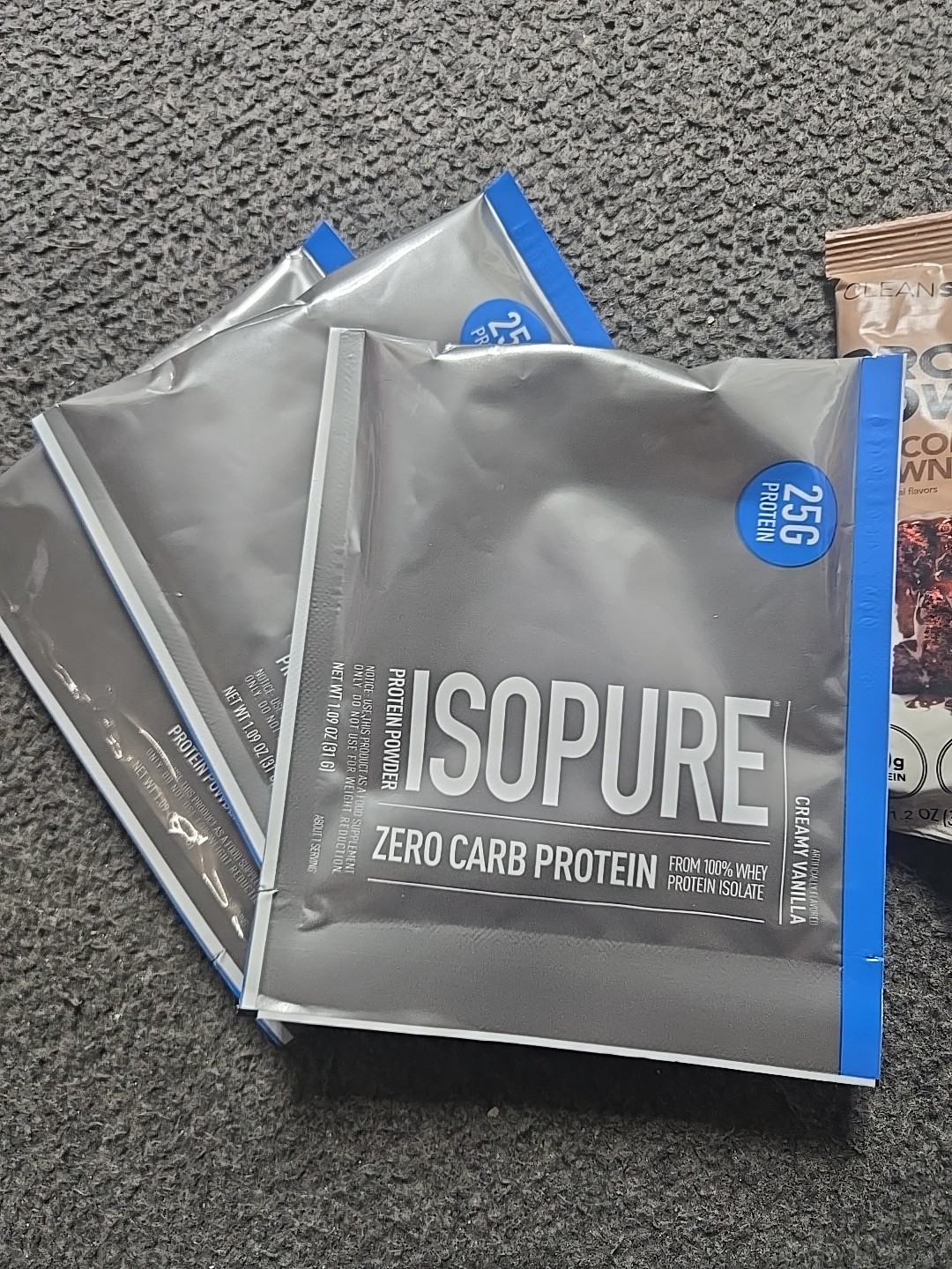 protein powder 3x Whey, 3x Isopure, 3x Clean Simple Eats