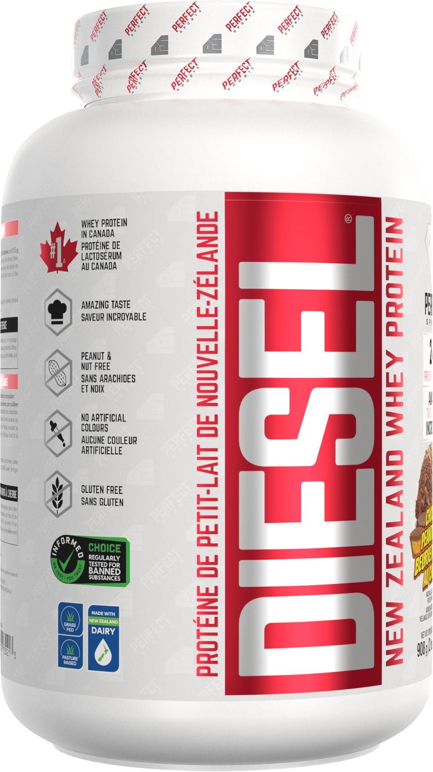 PERFECT Sports DIESEL New Zealand Whey Protein Powder, Grass-Fed, Gluten Free, C