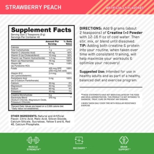Optimum Nutrition Creatine+ Dietary Supplement Powder – Strawberry Peach