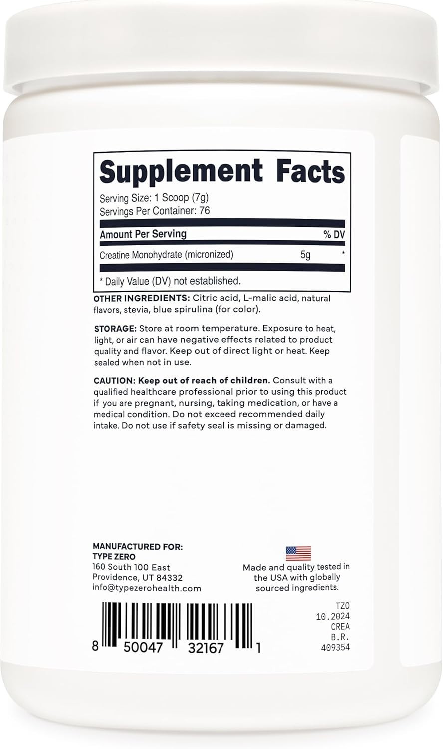 TypeZero Creatine Monohydrate Powder 500 Grams – Blue Raspberry Flavor – 1.1 lbs