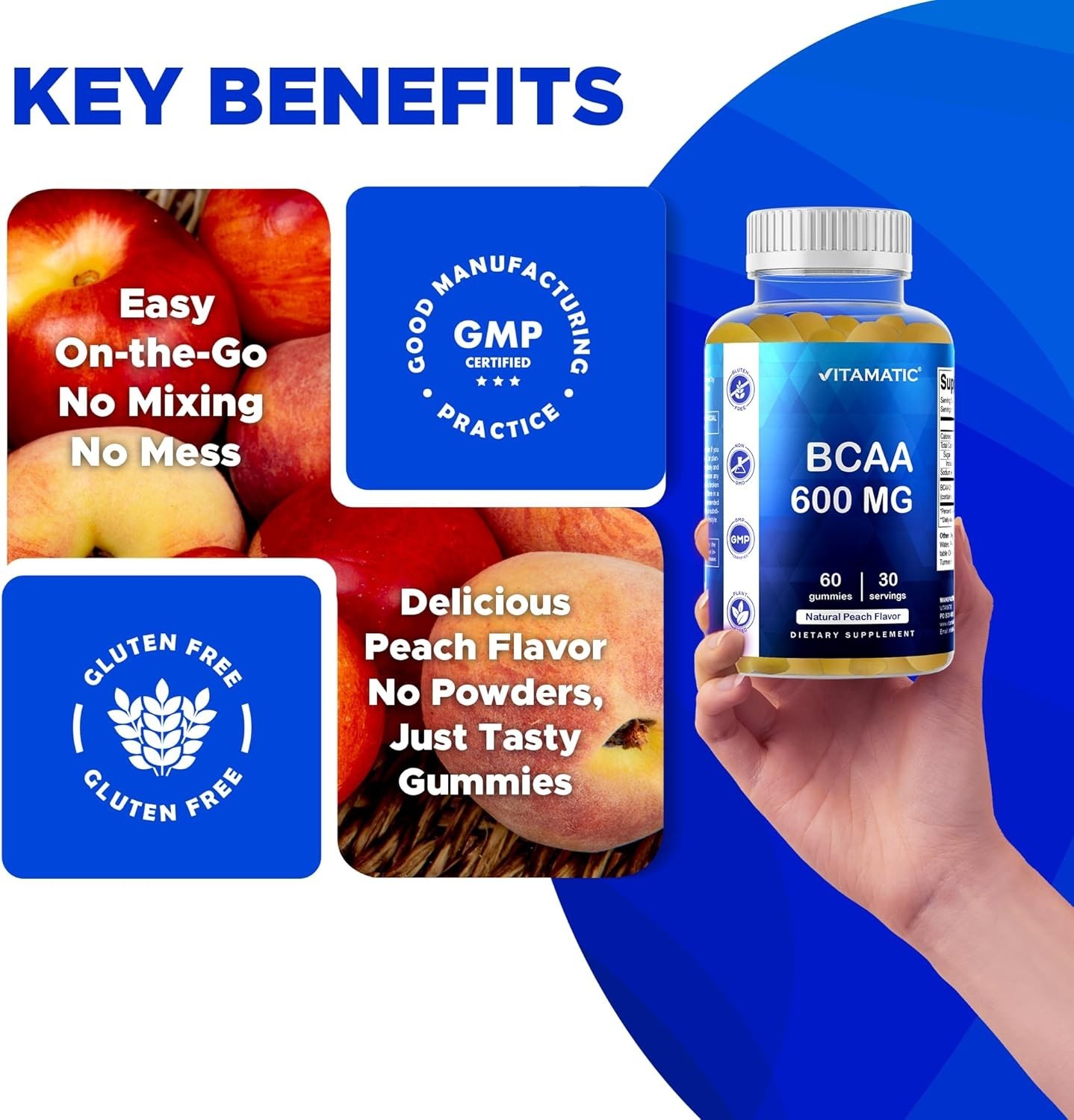 Delicious Peach BCAA Gummies – 600mg Amino Acids for Recovery – 60 Count
