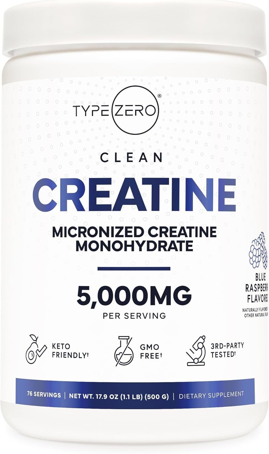 TypeZero Creatine Monohydrate Powder 500 Grams – Blue Raspberry Flavor – 1.1 lbs