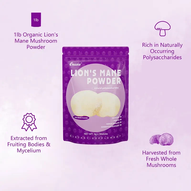 Berry Flavor Organic Lions Mane Mushroom Powder 1 lb Memory Focus Nerve Health