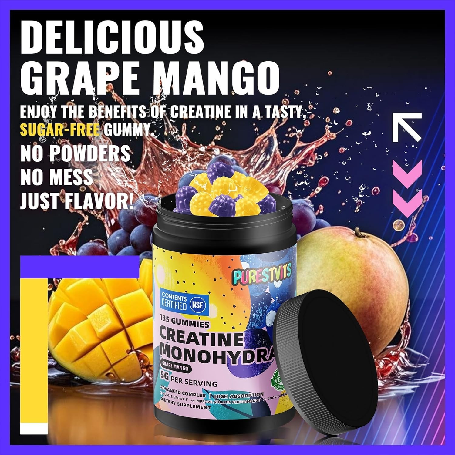 Delicious Muscle Growth Gummies – 5g Creatine Monohydrate, 135 Count, Sugar-Free