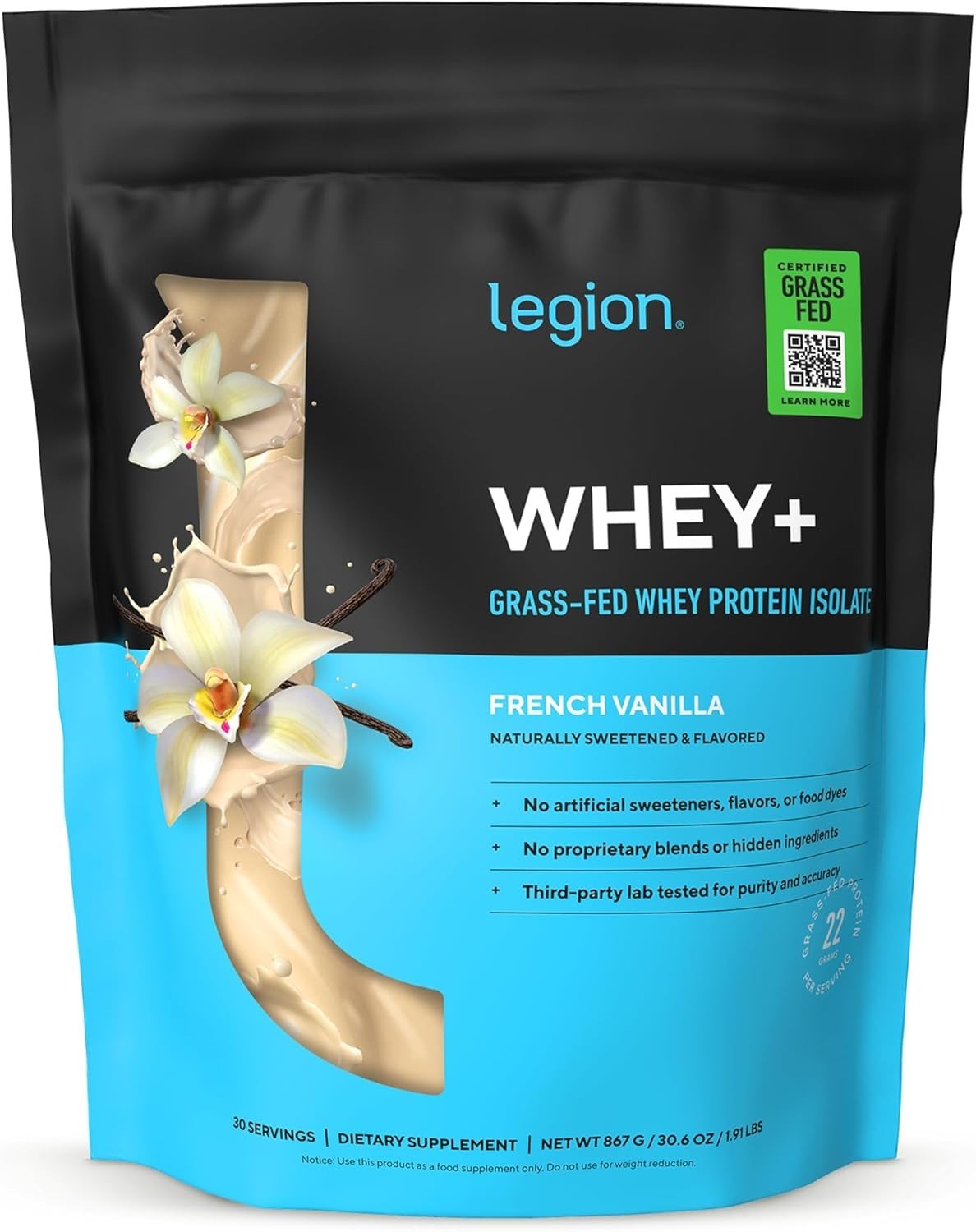 Whey Protein Isolate Powder French Vanilla 30 Servings Grass Fed Low Calorie