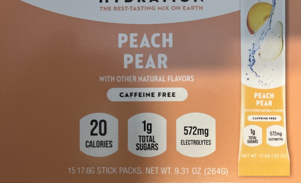 O2 Hydration sticks 60 peach pear 572 mg electrolytes 1g sugar 20 cal. 0 caffine