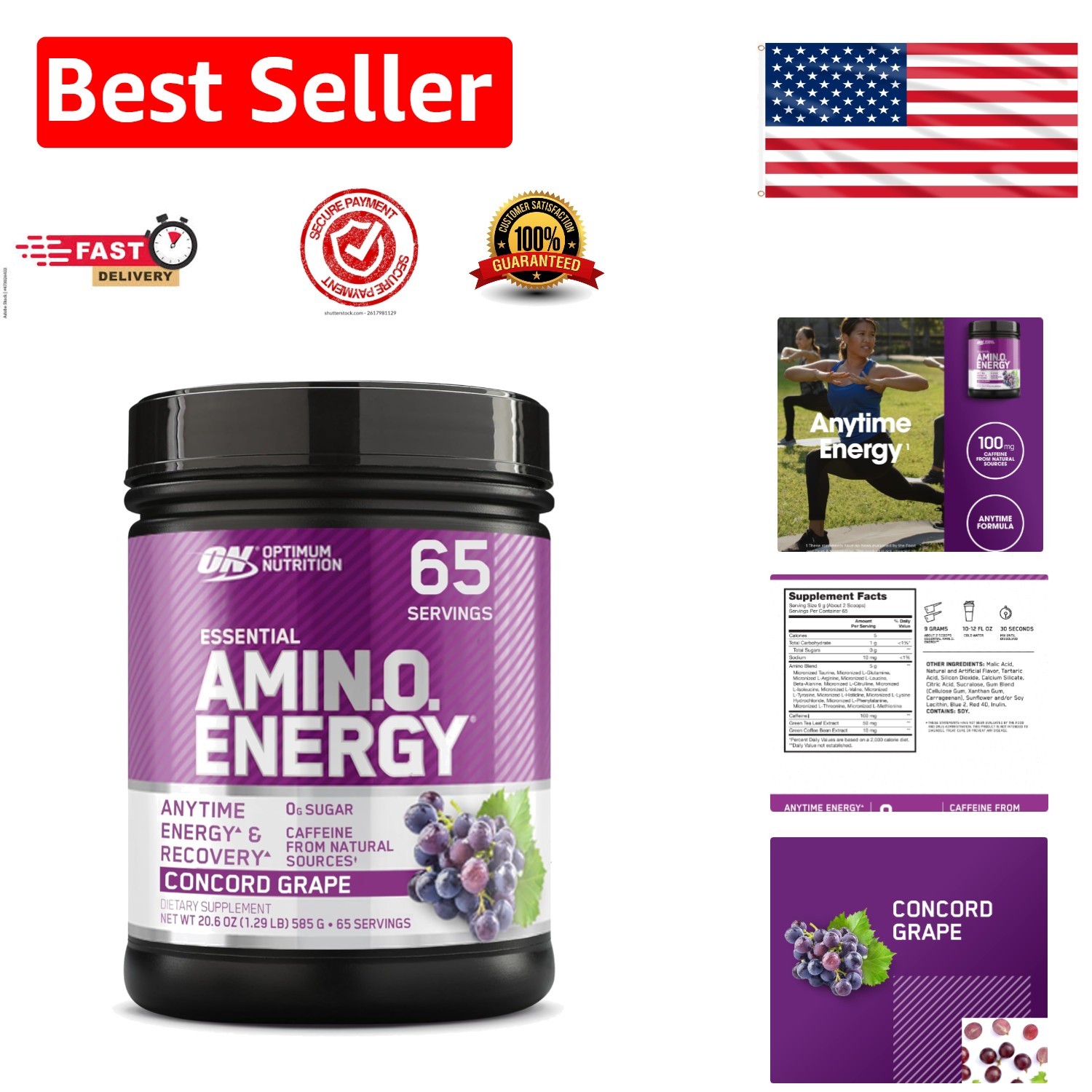 65 Servings of Keto Friendly Amino Energy with Green Tea – Concord Grape Flavor