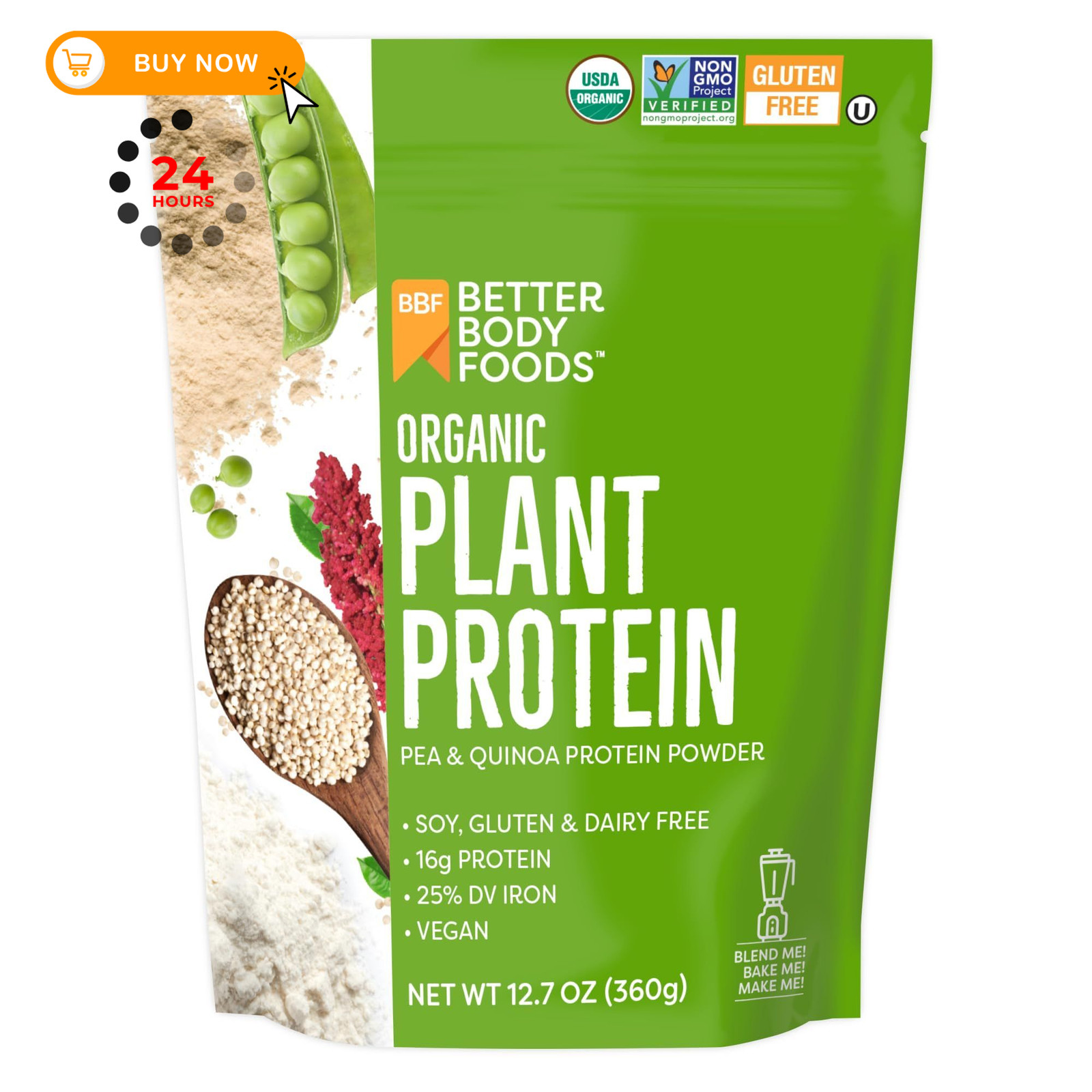 BetterBody Foods Vegan Protein Powder, Unflavored, 12.7 Ounce (Pack of 1)