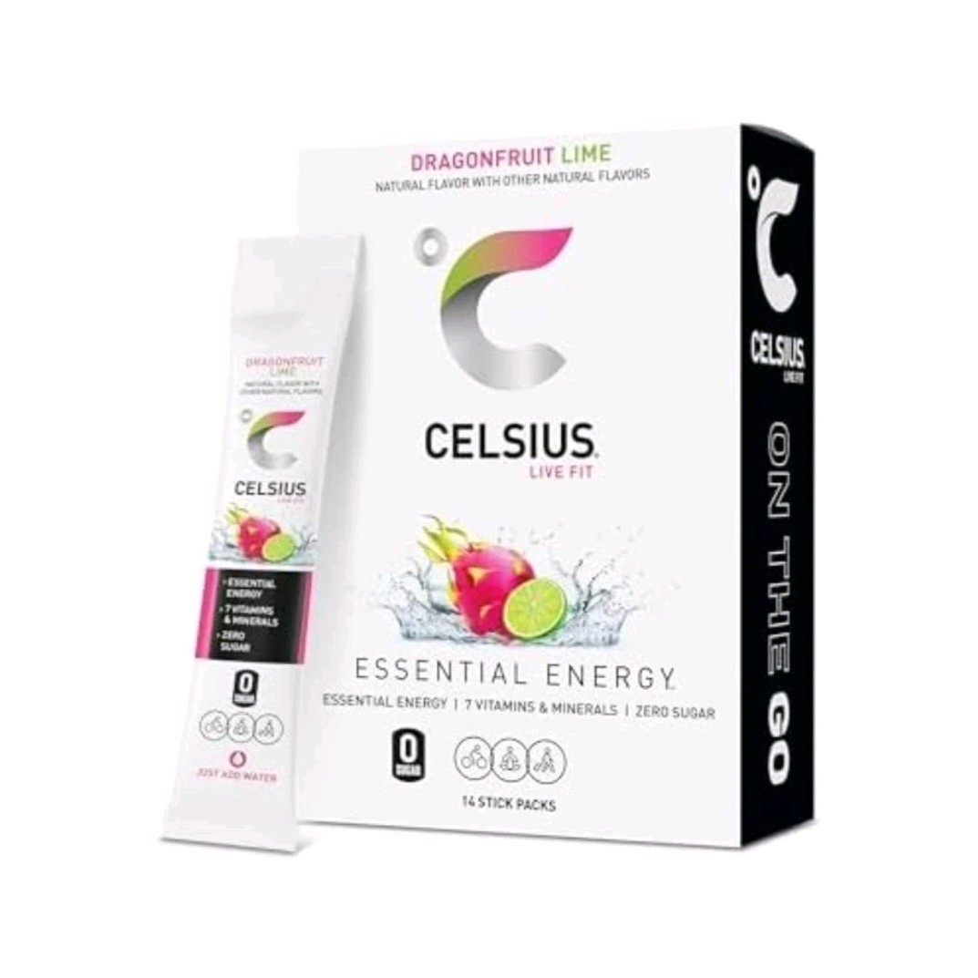 Celsius Essential Energy Powder Drink Mix Sticks Dragonfruit Lime 14ct Vegan