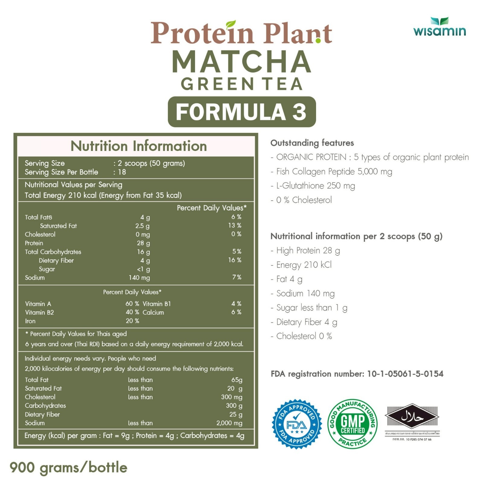 WISAMIN Plant Protein Matcha Flavor F3 | 900g 2LB | Organic, Gluten-Free Non-GMO