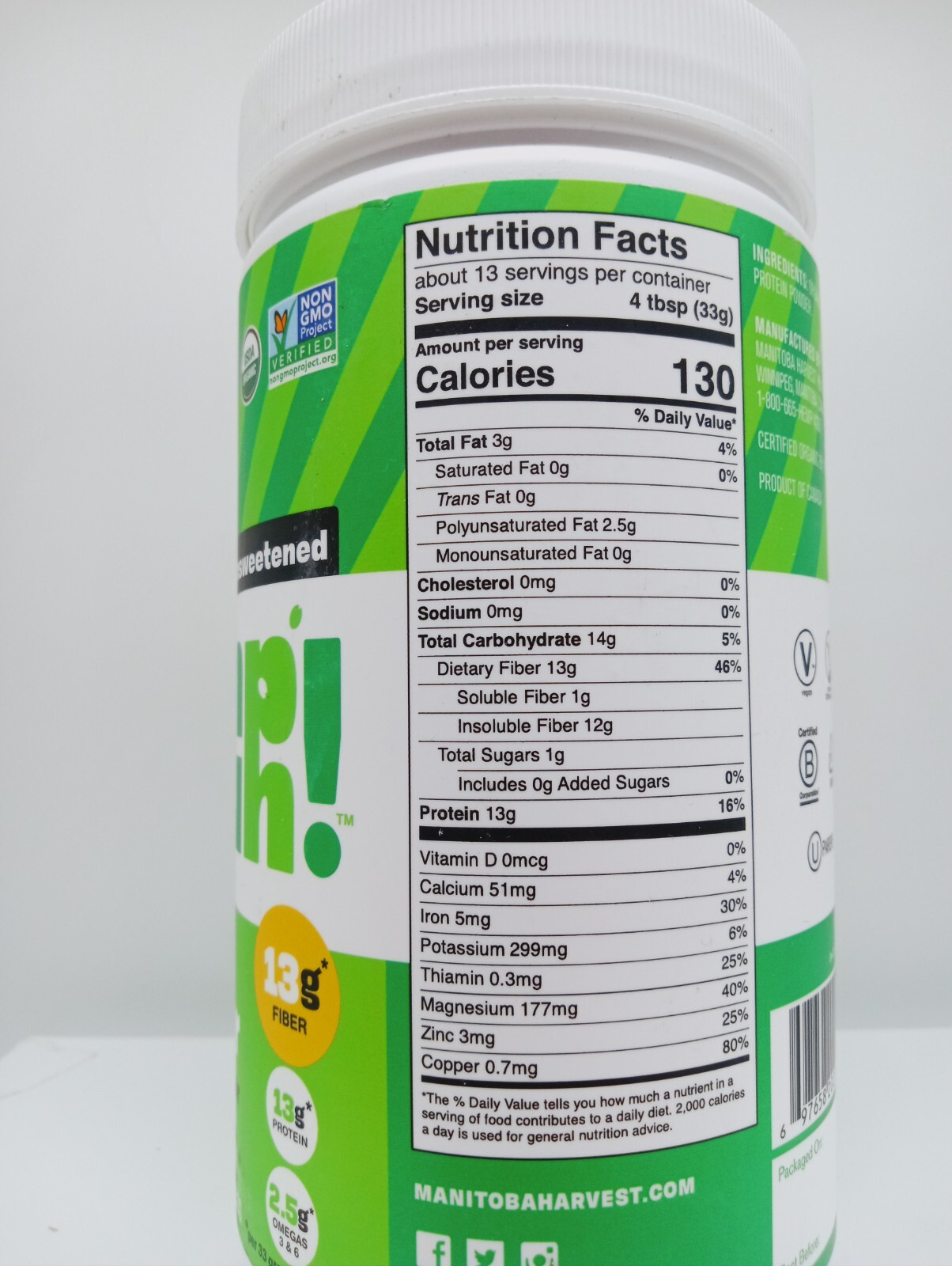 Manitoba Harvest Organic Hemp Yeah! Max Fiber Unsweetened 16 oz