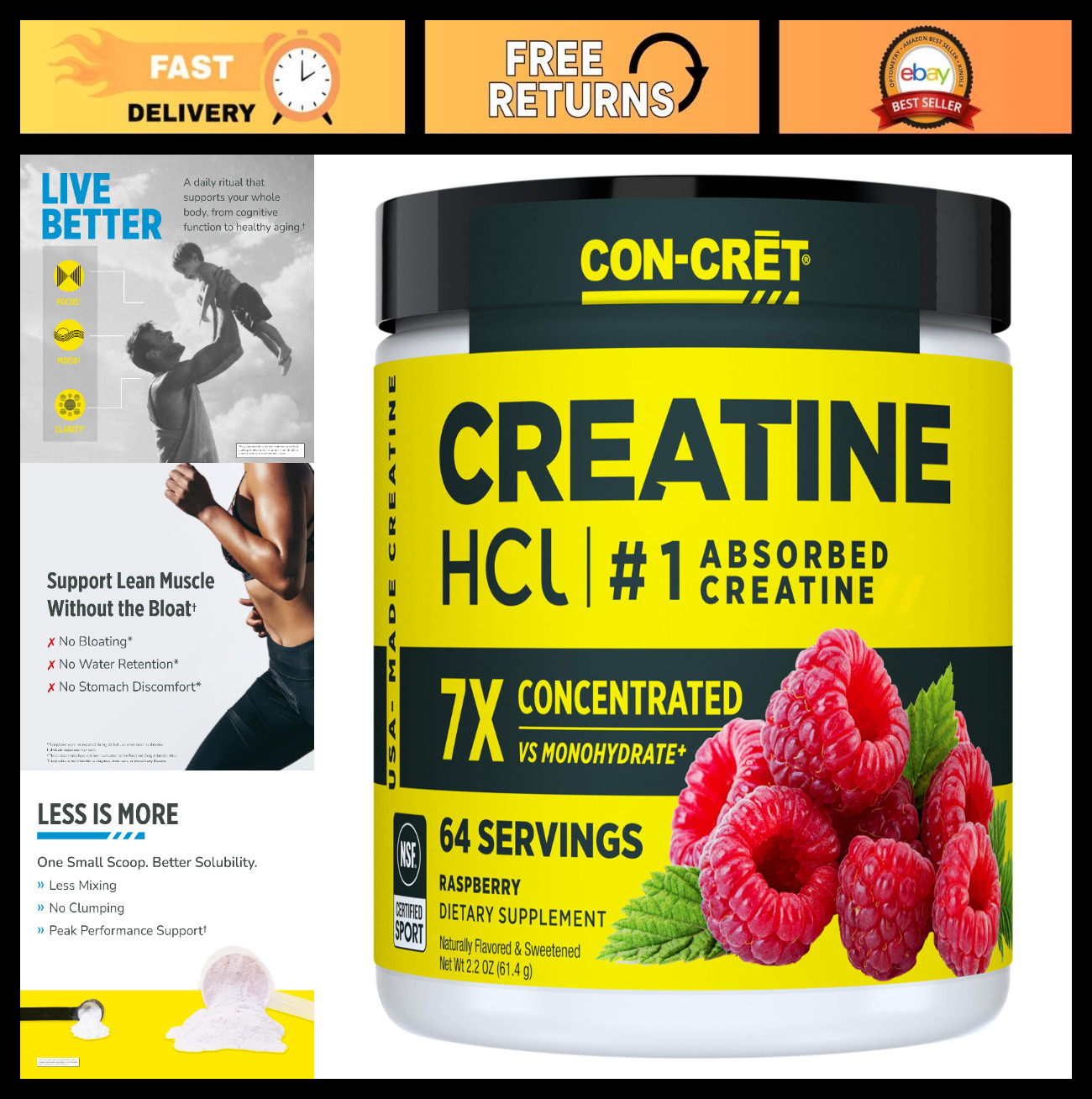 Creatine HCl Powder for Muscle & Strength Support, Raspberry Flavor, 64 Servings