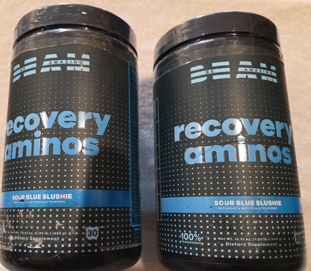 BEAM Be Amazing Recovery Aminos Powder BCAAs and EAAs Sour Blue Slushie 2 Jars