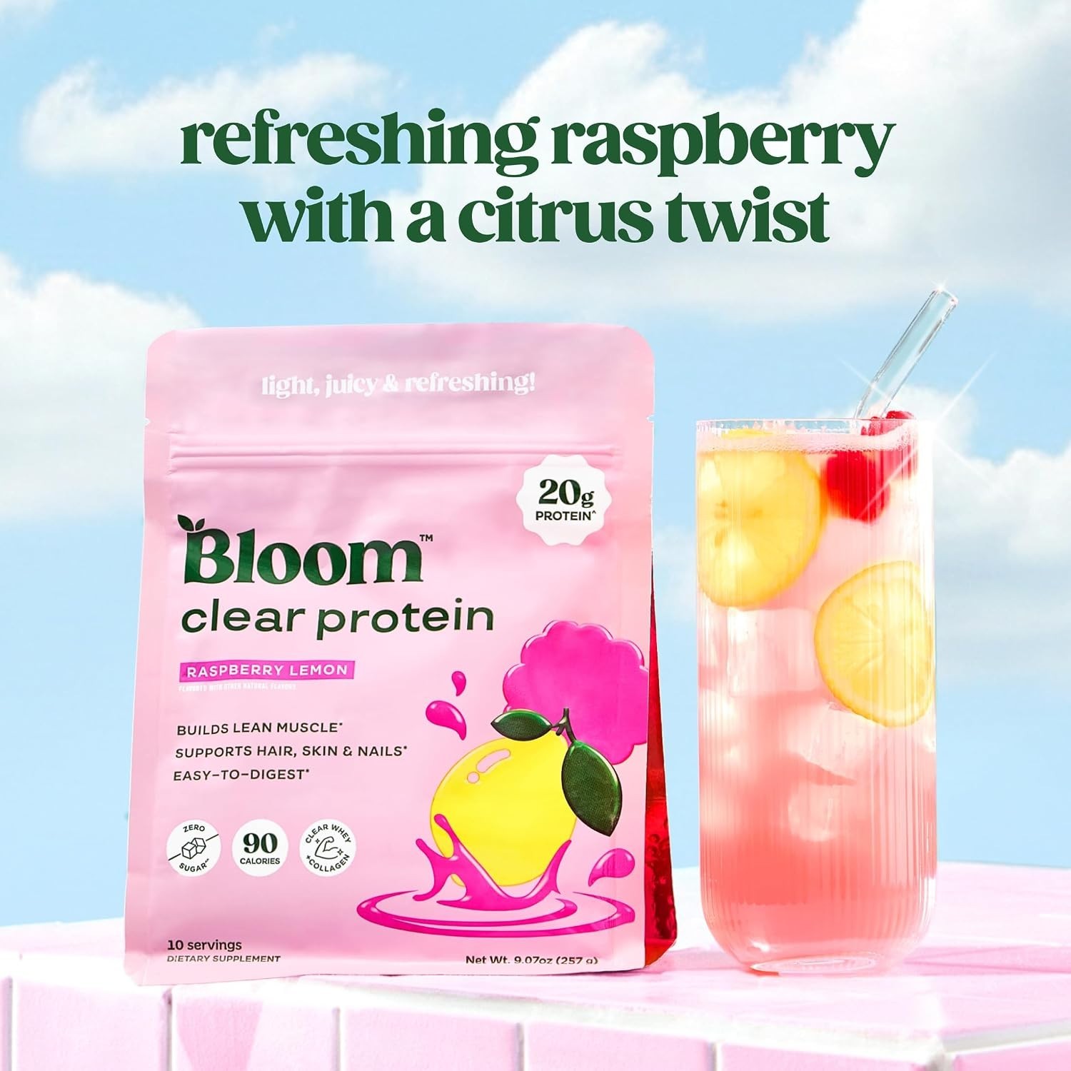 Bloom Whey Clear Protein Raspberry Lemonade 10 Servings 9.07 fl oz Collagen