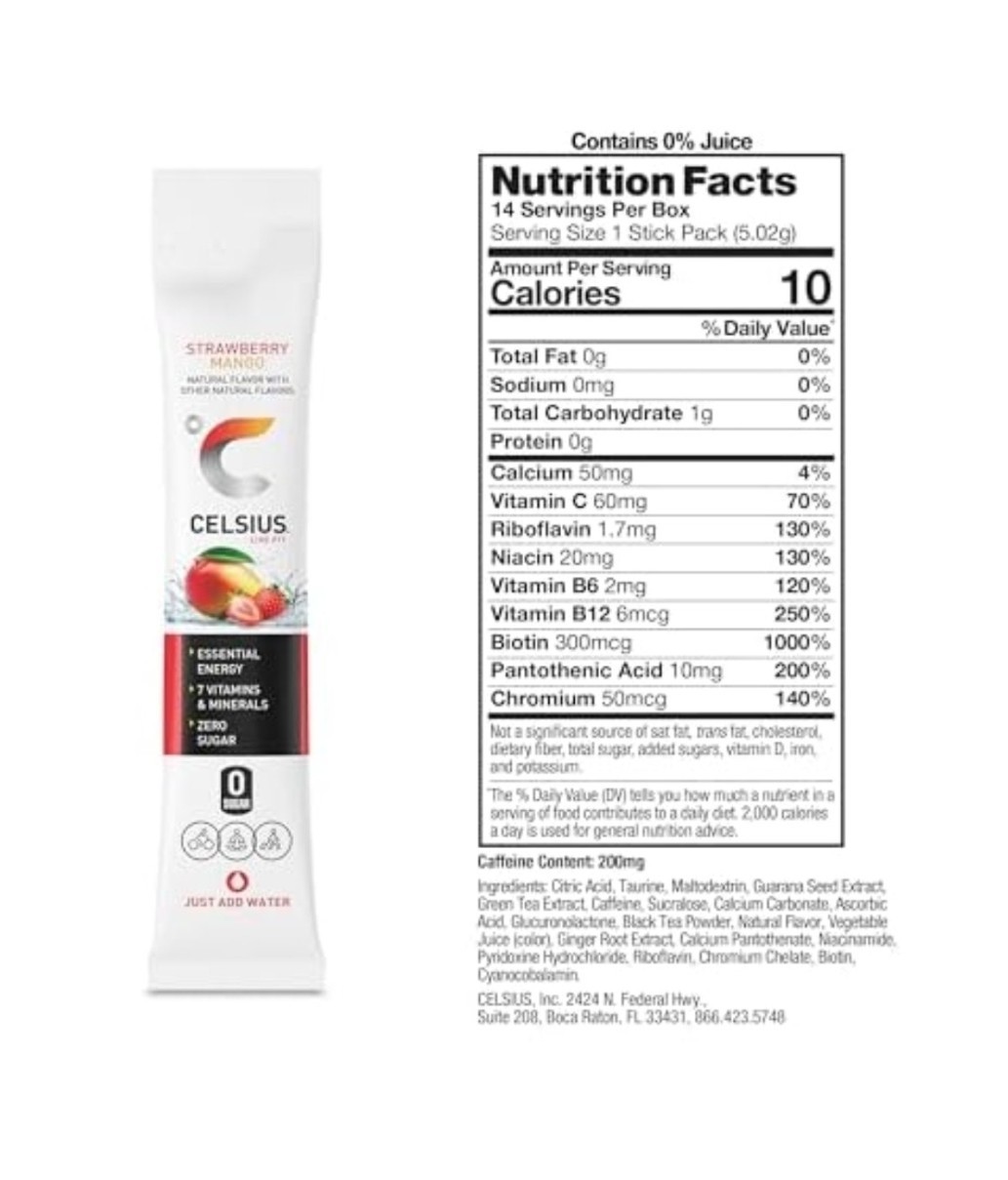Celsius Essential Energy Powder Drink Mix Sticks Strawberry Mango 14ct 200mg