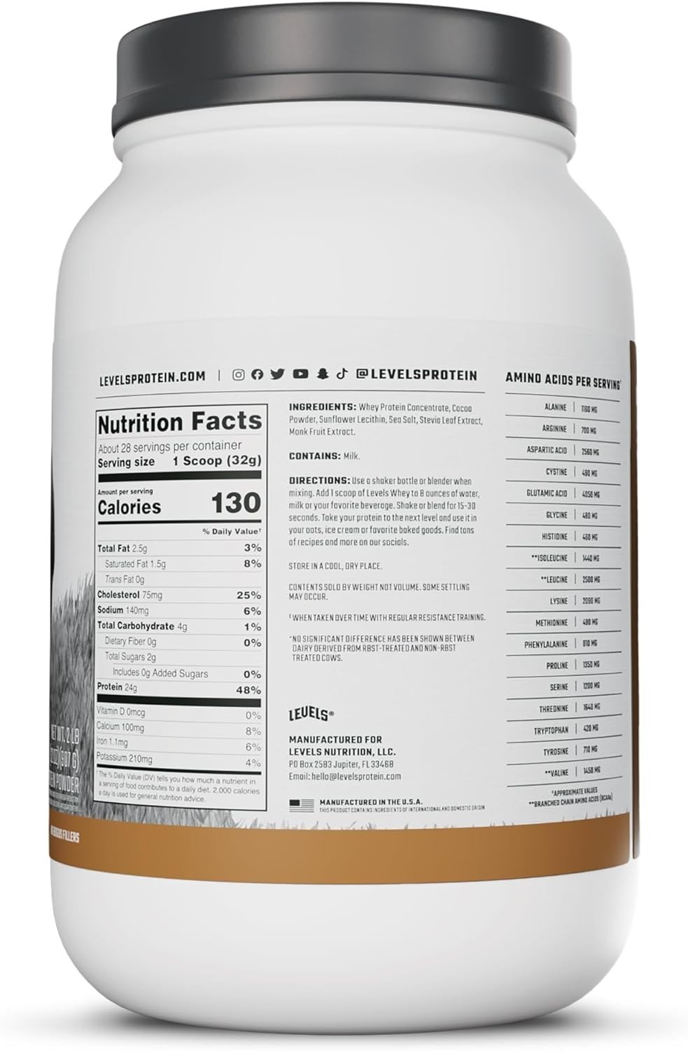 Whey Protein Powder Double Chocolate 2LB 24g Protein Grass Fed No Artificials
