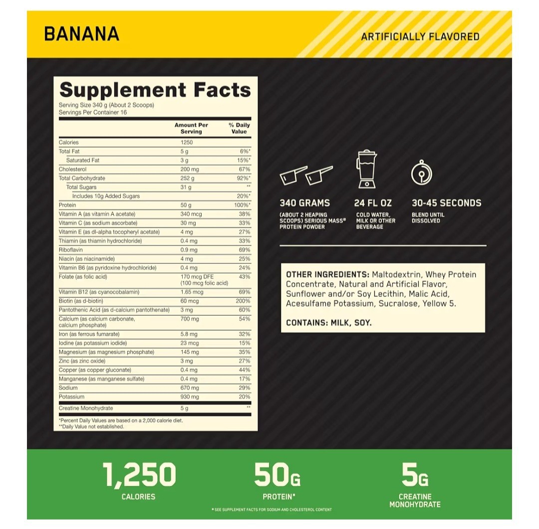 Optimum Nutrition Serious Mass Protein Powder, Banana, 6 LBS, Expiring 10/21/27