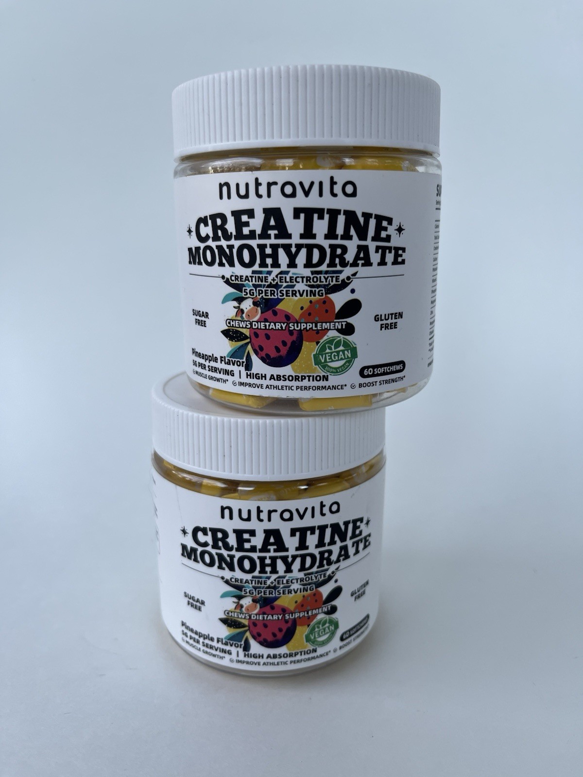 2 PACK Creatine Monohydrate Gummies 5g per serving No Sugar Vegan 120 Ct total