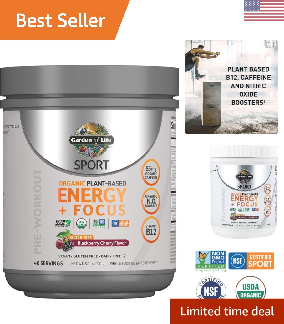 Plant-Based Pre Workout with Organic Caffeine & B12 – 40 Servings (Gluten Free)