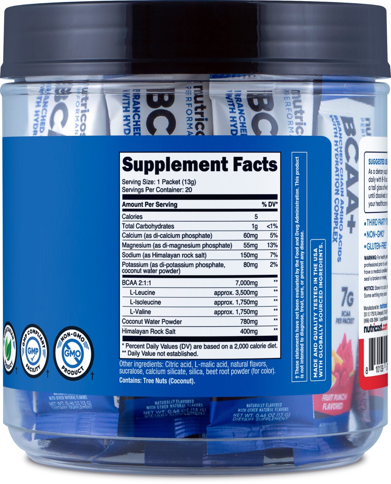 Nutricost BCAA+ Hydration Fruit Punch Flavor (20 Stickpacks) – Gluten-Free