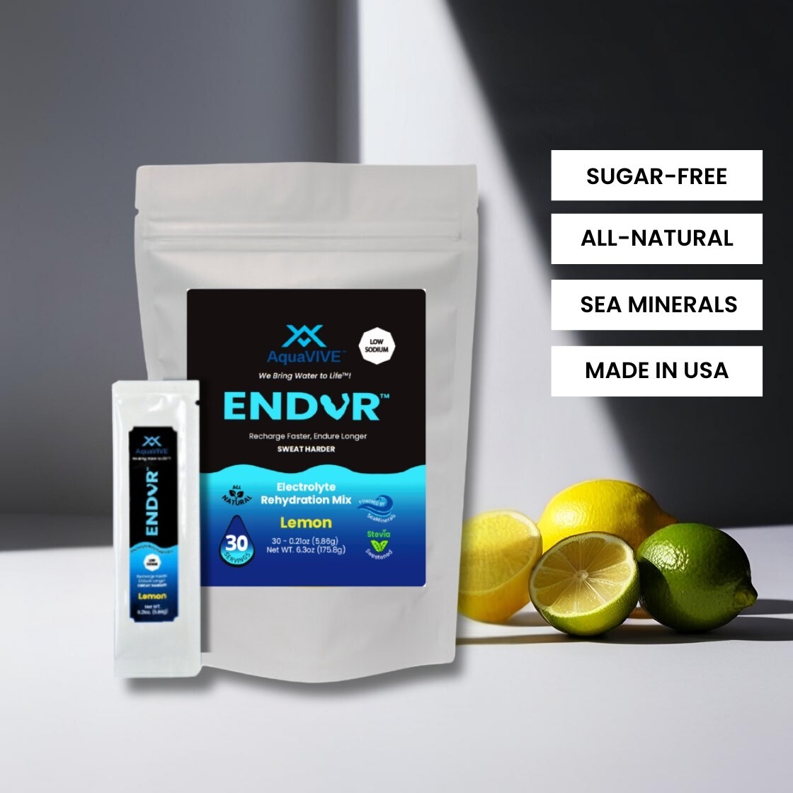 AquaVIVE™ ENDUR™ Lemon Electrolyte Powder Drink Mix Magnesium Glycinate 30 Packs